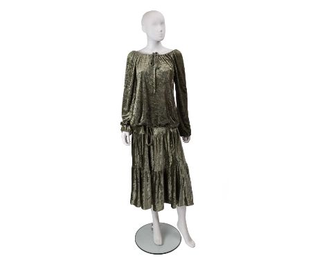 ‘Lee Bender’ for ‘Bus Stop’ matching top and bottom in a crushed green velvet.
A drawstring detail to neckline and hipline an