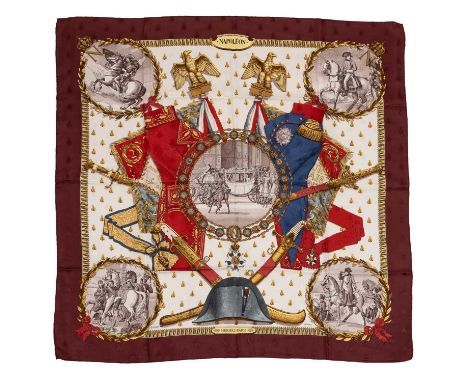 A ‘Napoléon’ silk scarf by Hermès, designed by Philippe Ledoux, with a military theme, along with bee images throughout the s