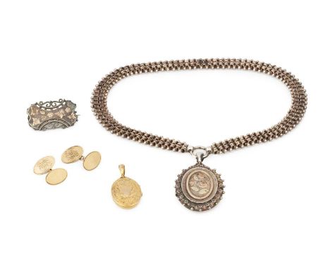 A pair of 9ct gold oval cufflinks, engraved with initials, and a 9ct gold oval locket pendant, engraved with scrolling foliag