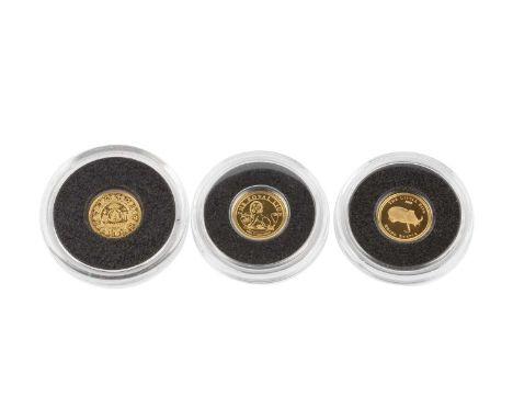 A Republic of Liberia 12 dollars small gold coin, 2007, 1cm diameter, two further small gold coins - Cook Islands 1$, 2008, a