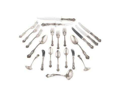 A part service of early 20th century American silver flatware, with shaped foliate design handles, comprising 2 table spoons,