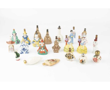 A collection of porcelain figural scent bottles, to include chinamen, elegant ladies, a seated dog, a frog and a pagoda, two 
