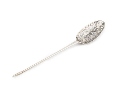 An 18th century silver mote spoon, with pierced and engraved bowl, maker's mark only possibly S.R or J.R, 13.5cm long