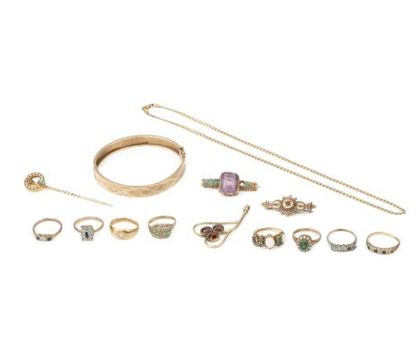 An Edwardian 18ct gold ring, gypsy set with a single diamond, Chester 1906, seven various 9ct gold and gem set dress rings, a