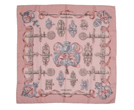 A 'Ferronnnerie' silk scarf by Hermès, designed by Cathy Latham, decorated in shades of pale pink and greyThere's a thin line