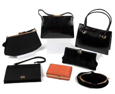 A collection fine quality vintage black bags circa 1950’s, to include an Asprey London patent leather crocodile style bag (26