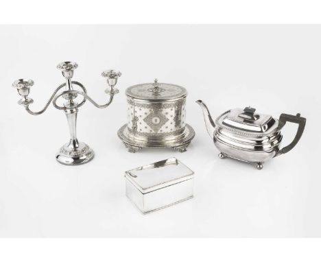 A late Victorian silver plated oval biscuit box, with engraved decoration, 17cm high, together with a 19th century silver pla