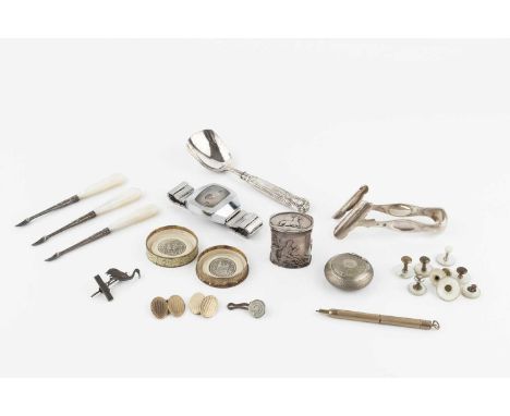 A collection of small silver items, to include a French asparagus tongs, a 19th century caddy spoon with King's pattern handl