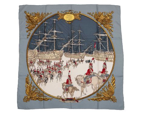 A ‘Marine et Cavalerie’ silk scarf by Hermès, designed by Philippe Ledoux, featuring men on horseback with battleships on a p