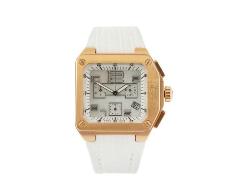 A gilt metal chronograph by Breil, the chamfered square mother o'pearl dial with three subsidiary dials, the case back number