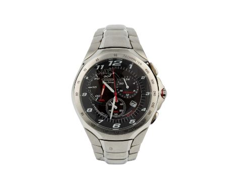 A gentleman's steel Citizen Eco-Drive chronograph, the black dial with subsidiary dials and date aperture, the case back stam