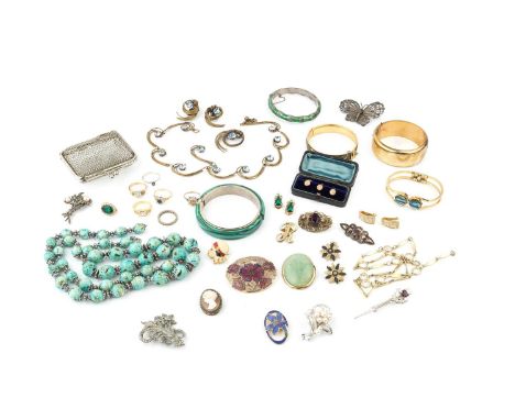 A silver and green enamel hinged bangle, of faux bamboo design, and a collection of assorted costume jewellery. (qty)