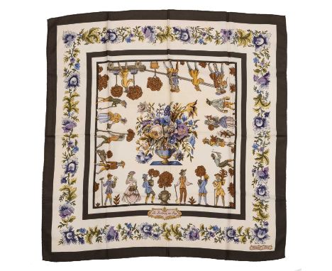 A ‘Les Jardiniers Du Roy’ silk scarf by Hermès, designed by Maurice Tranchant
On a cream background with gardening figures an