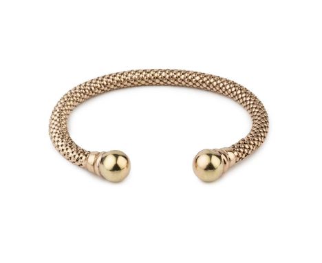 An Italian 9ct gold torc bangle, of hollow mesh form with ball terminals, 7cm wideCondition appears good, light surface scrat
