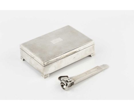 A silver rectangular cigarette box, with engine turned decoration and stepped feet, by Viner's, Sheffield, date marks worn, 1