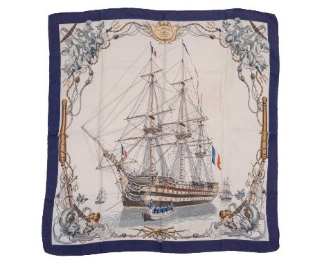 A ‘L’Ocean Vaisseau de 118 Canons’ silk scarf by Hermès, designed by Philippe Ledoux 1959, featuring a battleship on a cream 