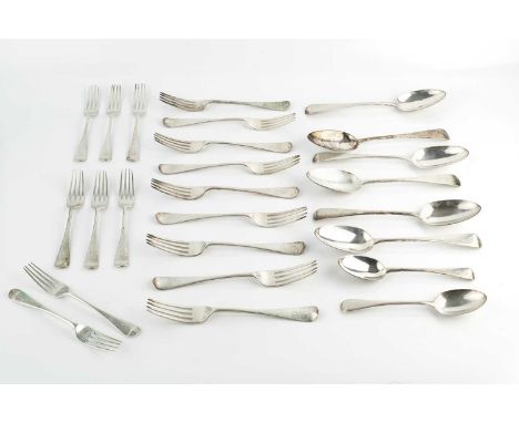 A part service of mid Victorian silver old English pattern flatware, comprising 6 table spoons, 9 table forks, 8 dessert fork