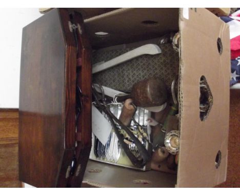 Assorted flatware to include an oak cutlery box, a three branch candelabra and vintage kitchenalia