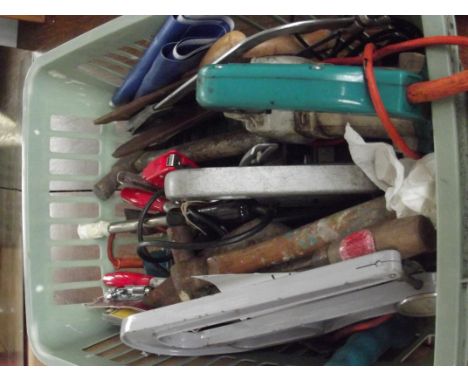 Quantity of hand tools and hardware items to include tarpaulin heat guns, an angle grinder etc  