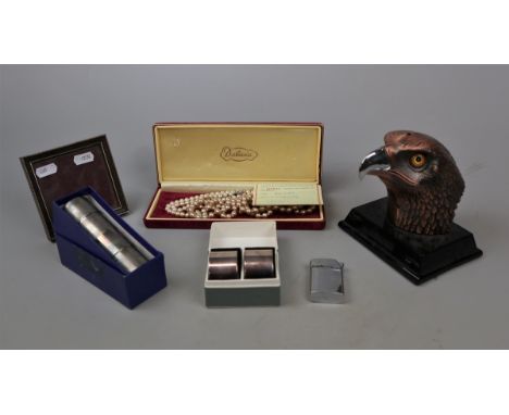 Collectables to include eagle head lighter, pearls, picture frame etc 