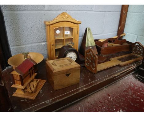 Collection of wooden items including boxes and mantel clock 