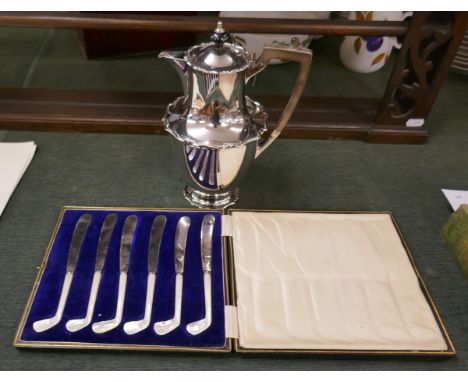 Silver plate water jug together with mother of pearl handled golf themed tea knives 