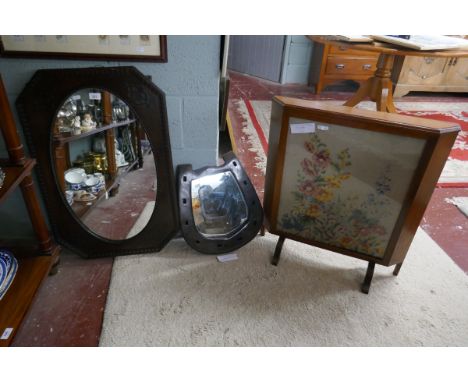 2 oak framed mirrors with an oak framed fire screen 