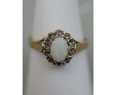 9ct gold opal and diamond cluster ring - Size: N 