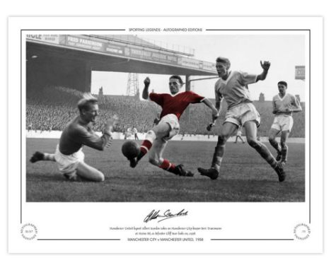 Football Autographed ALBERT SCANLON 16 x 12 Limited Edition : Manchester City goalkeeper Bert Trautmann dives at the feet of 