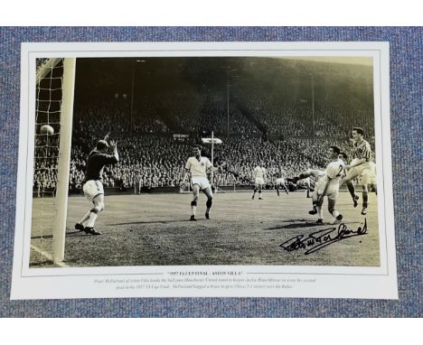 Football, Peter McParland signed 12x18 black and white photograph picturing McParland, playing for Aston Villa as hooks the b