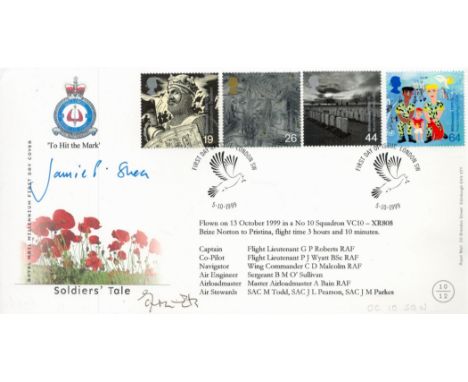 NATO. Jamie Patrick Shea CMG Signed Soldier Tale First Day Cover. 4 British Stamps with Two 5-10-1999 Postmarks.. Good condit