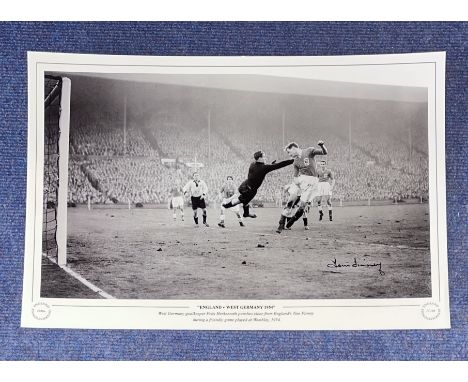 Tom Finney signed England v West Germany 1954 16x12 black and white print. West Germany goalkeeper Fritz Herkenrath punches c