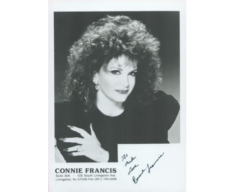 Connie Francis signed 7x5 black and white promo photo. Francis is an American former pop singer, actress, and top-charting fe