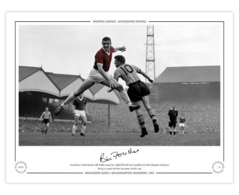 Football Autographed BILL FOULKES 16 x 12 Limited Edition : Manchester United centre-half BILL FOULKES flies through the air,