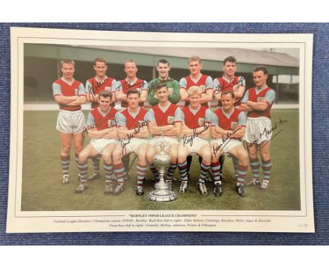 Football. Multi Signed Burnley 1959/60 League Champions 18x12 colour photo. Signed by Robson, Cummings, Blacklaw, Angus, Conn