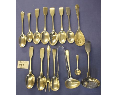 Bag of assorted silver and white metal to include: assorted spoons; berry spoon; sugar sifter; ladles; fork; sugar tongs etc.