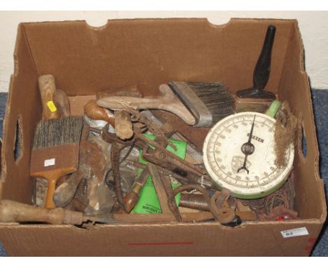 Box of assorted vintage and later hand tools, brass shell case, Salter hanging scales etc.