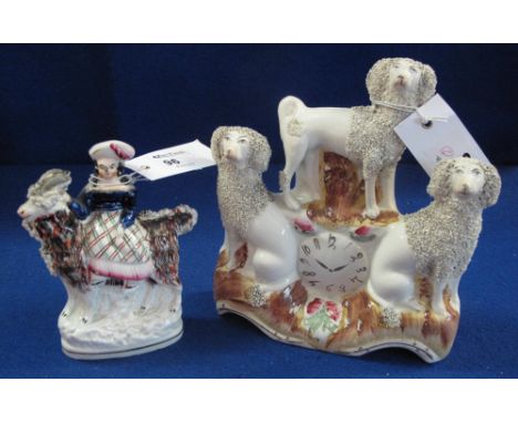 19th Century Staffordshire pottery flat backed clock ornament with three Poodle type dogs together with another flat backed f
