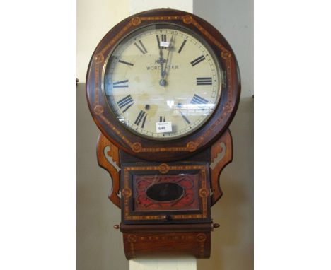 19th Century stained and inlaid two train drop dial wall clock, bearing the writing: Kay Worcester.