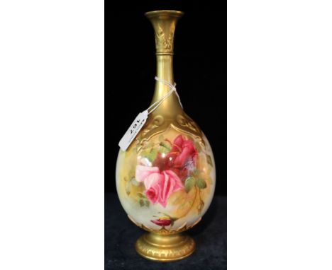 Royal Worcester porcelain baluster vase, hand painted with pink roses within gilt borders, signed: Rushton, printed puce mark