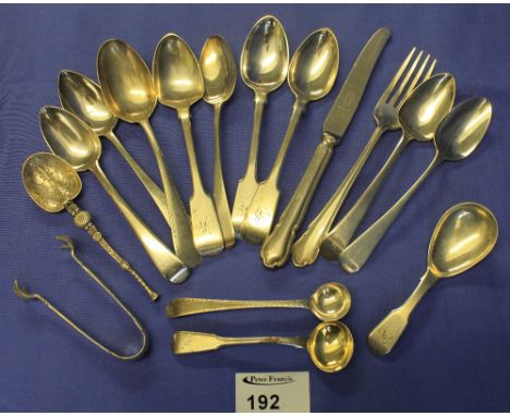 Bag of assorted silver flatware to include: assorted spoons; knife; fork; apostle spoon; tea caddy spoon; sugar nips in the f