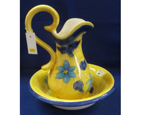 John Jenkins hand painted, floral decorated yellow ground china jug and basin. (2)
