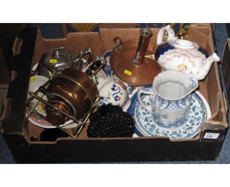 Tray of assorted china and metalware to include: Gaudy Welsh Tulip design teapot; Old Chelsea blue and white jug; various flo