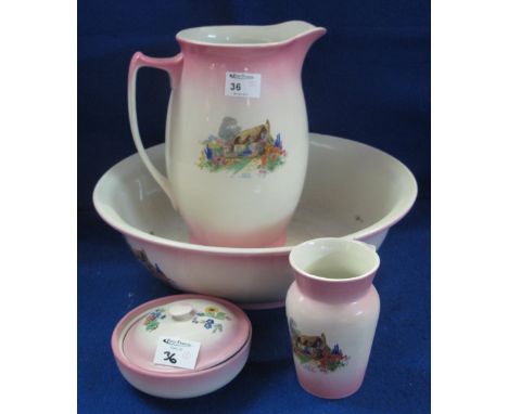 Staffordshire pottery transfer printed jug and basin set with soap dish and toothbrush vase. (4)