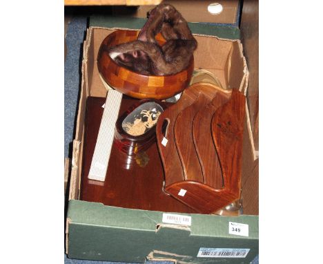 Tray of assorted items to include: three section letter rack; plated pierced tongs; cake slice etc. cased fish knife and fork