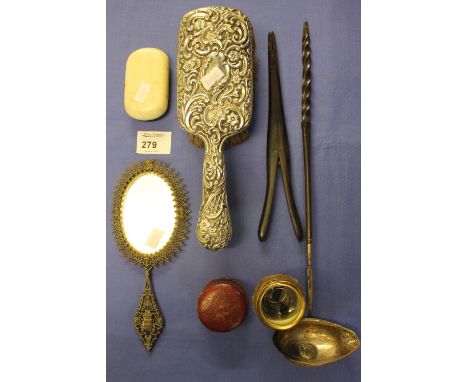 Bag of assorted collectables to include: silver lady's repousse vanity mirror; another white metal pierced mirror; white meta