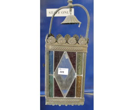 Early 20th Century stained and lead glazed four sided lantern.