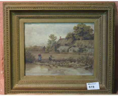 British School, (early 20th Century), figure in a cottage garden, oils on canvas.  Framed.