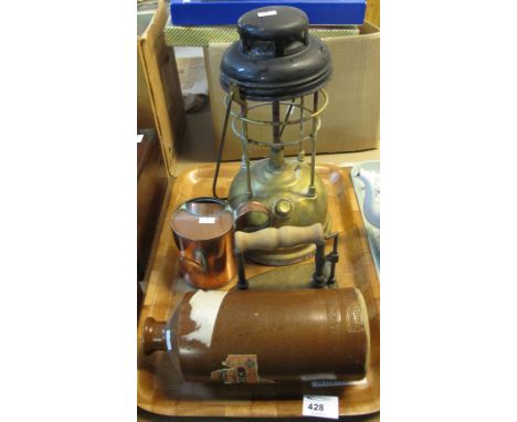 Stephens blue black ink stoneware jar, flat iron, copper watering can and tilly type pressure lantern. (4)
