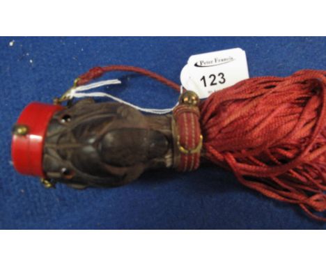 Novelty carved wooden compact in the shape of a Bulldog with tassels and concealed lipstick, spring loaded opening mouth and 